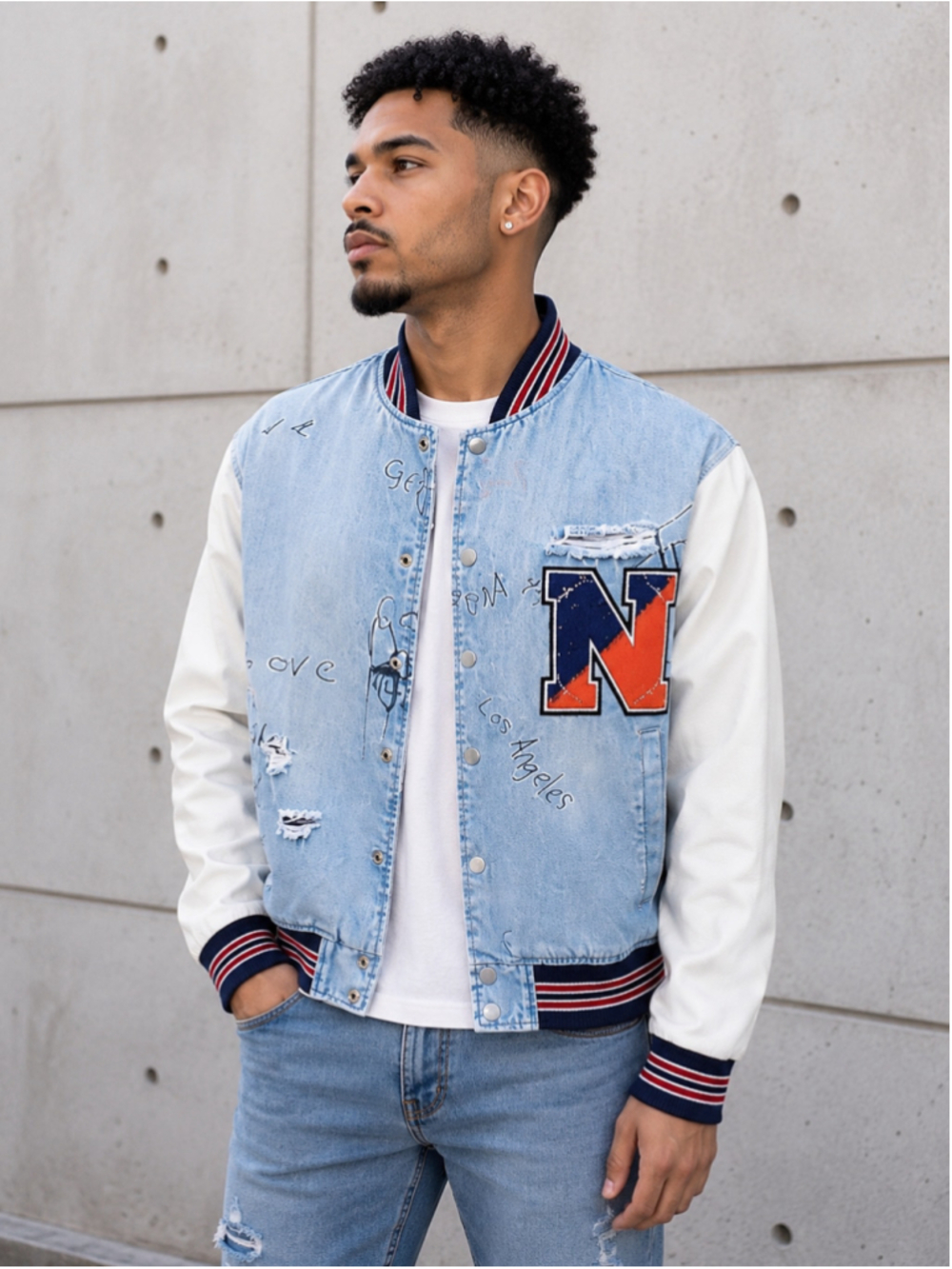 Fashion Nova Men Graffiti Denim Varsity Jacket Light Blue White Size L